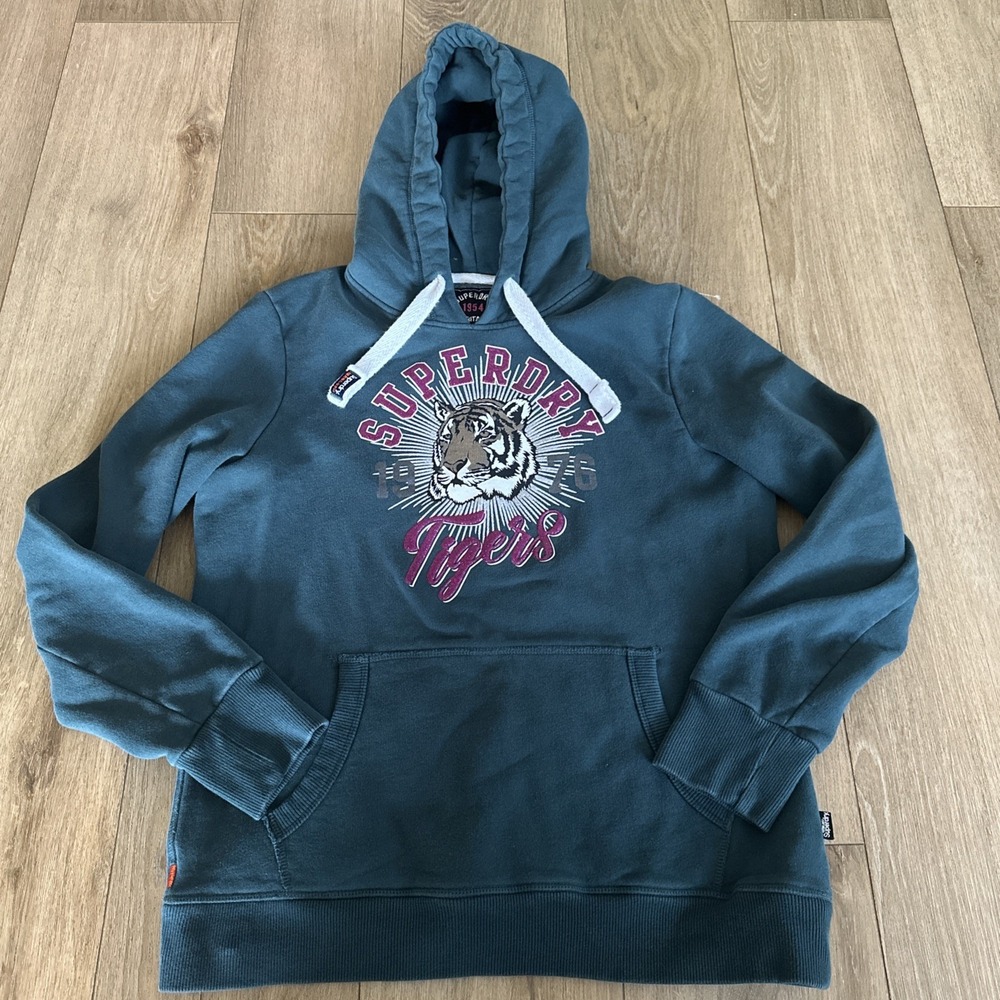 Superdry Women's Heritage Tigers Hoodie Green Glitter Graphic Size US12 Med
